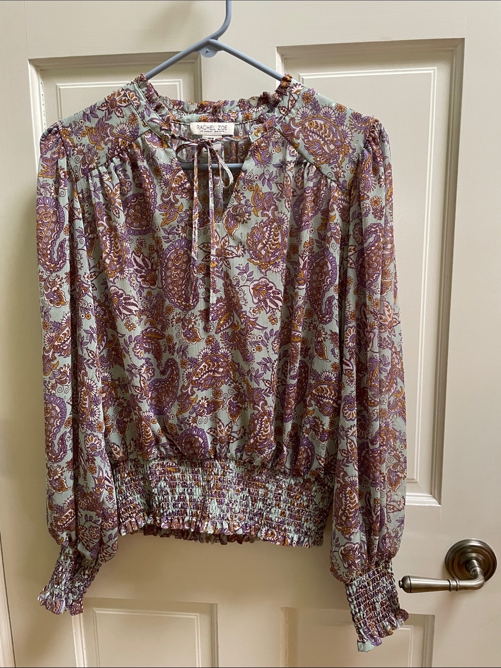 Rachel Zoe Shear Paisley Print Top with Smocked Waist and Sleeves Size M